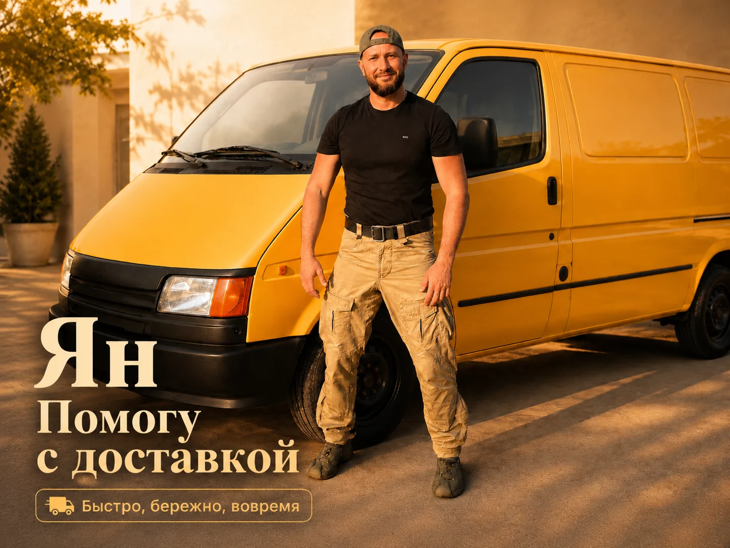 Сотрудник службы доставки рядом с автомобилем